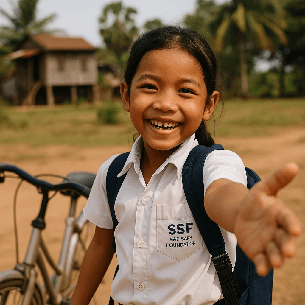 A Cambodian child smiles while holding a school bag in a rural village, representing the impact of donations through the Sao Sary Foundation
